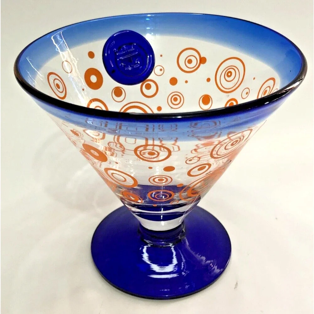 Kosta Boda Handblown Martini Margarita Glass Royal Caribbean Blue Orange Circles - Picture 2 of 5